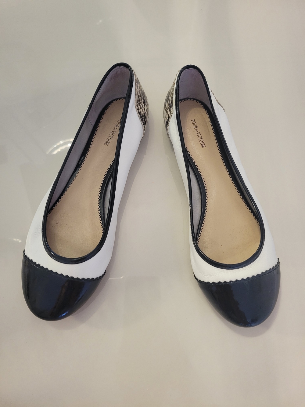 Pour La Victoire Elegant Black & White Cap-Toe Ballet Flats With Snake-Like Heel